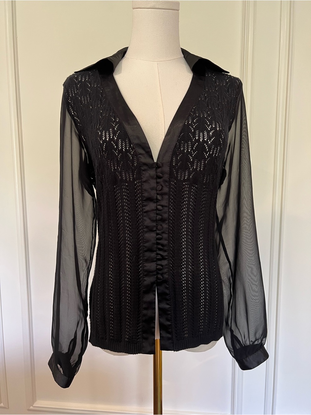 Black Sheer Lace‎ Knit Blouse Satin Trim Dramatic Collar Dark Academia M
